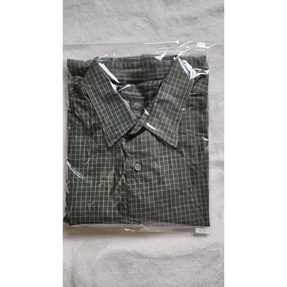 Banana Republic Stretch Classic Shirt Mens Large Olive Green Blue Grid Check L/S